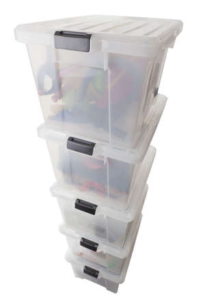 five storage containers are stacked isolated on a white background
