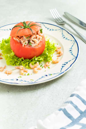 Stuffed tomato with North sea shrimp, typical Belgian dishの写真素材