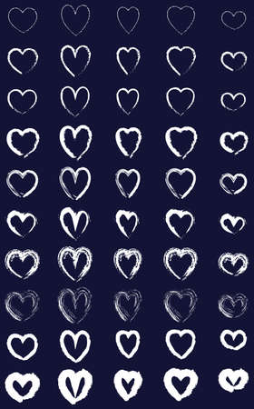 50 Shapes of Heart (dark blue_invert) is set of 50 hand drawn vector white hearts on dark blue backgroundのイラスト素材