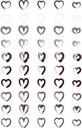 50 Shapes of Heart (dark RED) is set of 50 hand drawn vector dark red hearts on white backgroundのイラスト素材