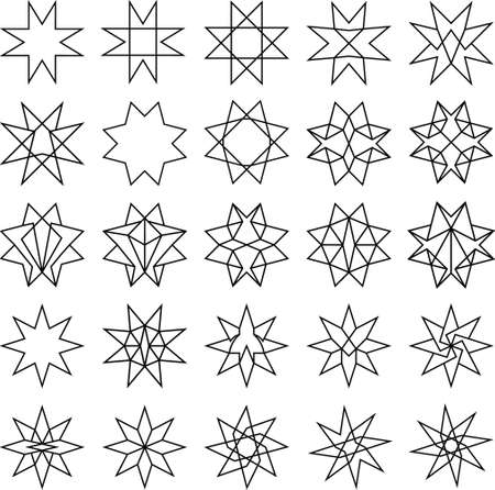 Set of 25 octagon stars (black thin outline) - geometric, ornamental and decorative designのイラスト素材