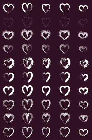 50 Shapes of Heart (dark red) is set of 50 hand drawn white hearts on dark red backgroundのイラスト素材