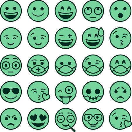 25 emoticons, some with face mask. Green Filledのイラスト素材