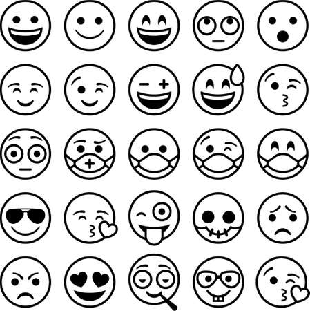 25 Smileys Emoticons. Black outline on white b.のイラスト素材