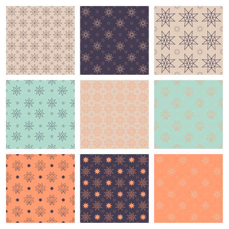 Set of 9 seamless colorful star patterns. Orange - Blue - Beigeのイラスト素材