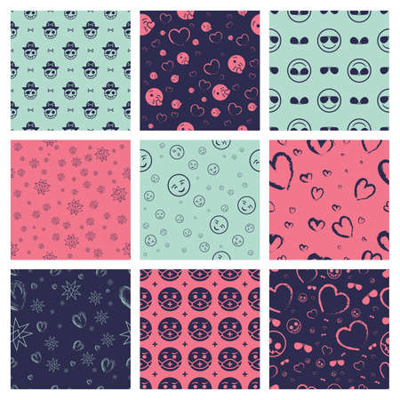 Set of 9 Seamless Patterns. Casual Design. Pink & Blueのイラスト素材