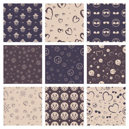Set of 9 Seamless Patterns. Casual Design. Purple & Beigeのイラスト素材