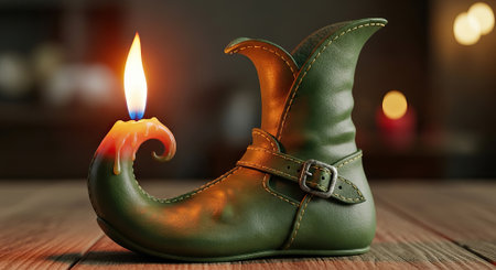 Green Leather Boot With Burning Candle On Toe, Quirky Holiday Footwear Conceptの素材