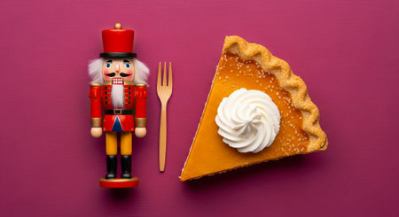 Nutcracker Soldier Beside Pumpkin Pie Slice With Whipped Cream On Magenta Backgroundの素材