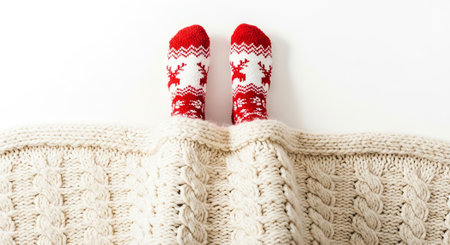 Cozy Winter Scene With Red Christmas Socks Peeking From A Thick Beige Knitted Blanketの素材