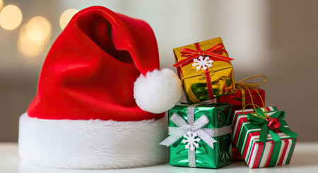 Festive Christmas Santa Hat With Colorful Gift Boxes Displayed On White Surface In Ambient Lightの素材
