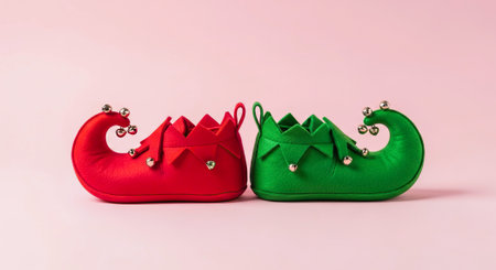 Red And Green Christmas Slippers With Bells Side By Side For Festive Cozy Home Decorの素材