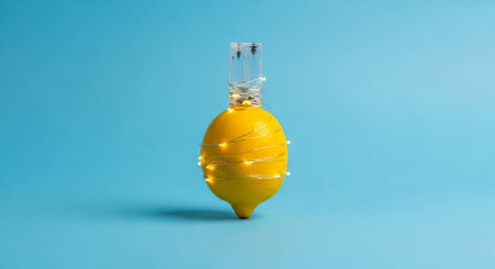 Bright Yellow Lemon Wrapped With String Lights And A Top Glass Light Bulb - Creative Decor Conceptの素材