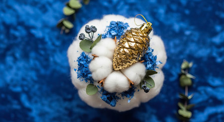 Elegant Blue Christmas Ornament Scene With Cotton Flowers, Pinecone, Glitter On Velvet Backgroundの素材