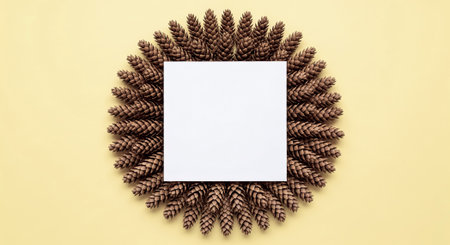 White Square Card Centered Within Rustic Pine Cone Wreath on a Soft Yellow Backgroundの素材