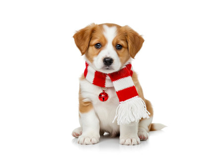 Cheerful puppy wearing a festive red and white striped scarf with a bell ready for holiday funの素材