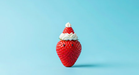Festive strawberry wearing a whipped cream Santa hat on a bright blue background for holiday cheerの素材