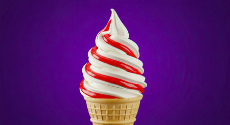 Enjoy a delicious swirl of vanilla ice cream and strawberry syrup on a waffle cone treat todayの素材