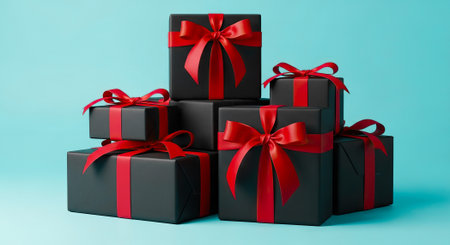 Elegant stack of black gift boxes with vibrant red ribbons for holiday promotions and special occasionsの素材