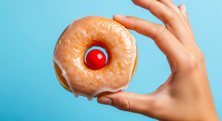 Enjoy a sweet glazed donut with a cherry filling held delicately against a vibrant blue backgroundの素材
