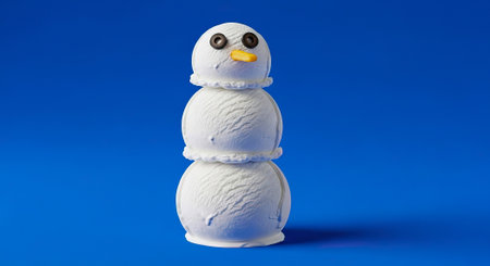 Cool down this winter with a vanilla ice cream snowman against a vibrant blue background and make memoriesの素材