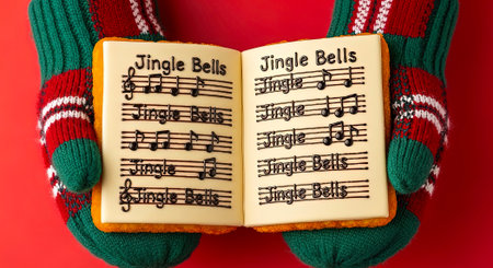 Festive Christmas spirit with cozy mittens holding yummy jingle bells edible sheet music treatの素材