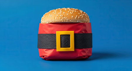Festive holiday burger with Santa belt for Christmas food promotions and seasonal restaurant marketingの素材