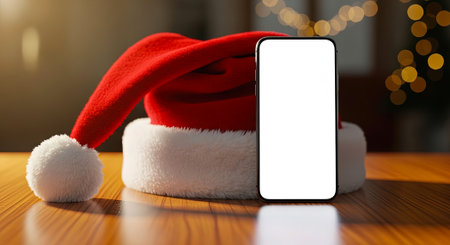 Celebrate Christmas with a modern mobile mockup featuring a blank screen and Santa hat holiday magicの素材