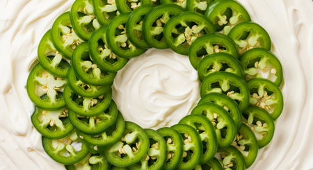 Fresh sliced jalapeÃ±os arranged beautifully with creamy dip, perfect for vibrant food presentationの素材