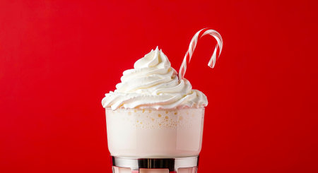 Indulge in a creamy peppermint milkshake topped with whipped cream and a candy cane on vibrant redの素材