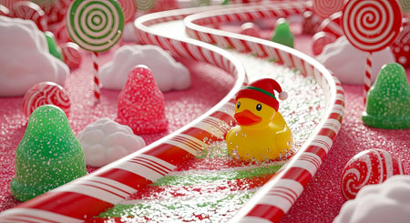 Festive rubber ducky celebrates the holidays in a magical candy cane wonderland of sweets and sugary treatsの素材