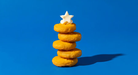 Golden Onion Ring Stack With Star Topper On Bright Blue Backgroundの素材