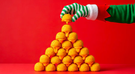 Elf Hand Stacks Golden Cheese Balls into Pyramid on Red Background for Holiday Feastの素材