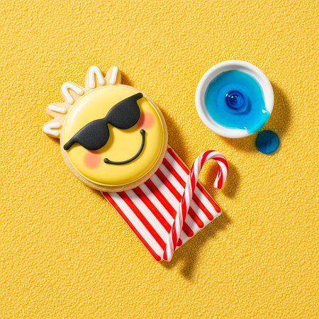 Sunny Cookie Emoji With Sunglasses On Yellow Sand, Candy Cane, And Striped Treatsの素材