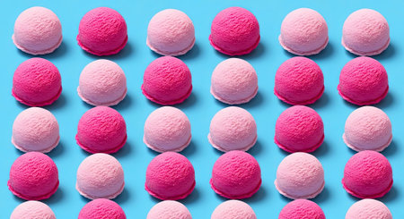 Colorful Row Of Pink And Light Pink Ice Cream Scoops On Bright Blue Backgroundの素材