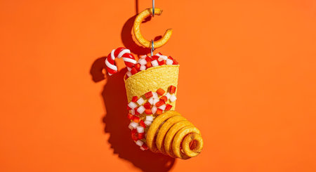 Bright Orange Background With Hanging Candy Cone and Spiral Snack Garland Displayの素材