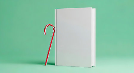 Blank White Book with Candy Cane on Green Backgroundの素材