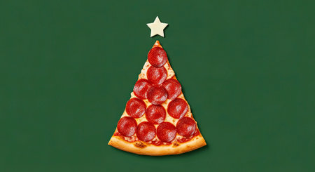 Festive Pepperoni Pizza Slice Arranged as a Christmas Tree on Green Backgroundの素材