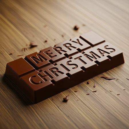 Milk Chocolate Bar Spelling 'Merry Christmas' On Wooden Surface, Festive Holiday Dessert Giftの素材