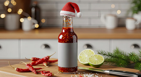 Festive Chili Sauce Bottle With Santa Hat On Kitchen Counter For Christmas Cookingの素材