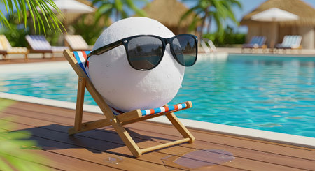 Sunny Poolside Scene With White Beach Ball Wearing Sunglasses Relaxing On Deck Chairの素材