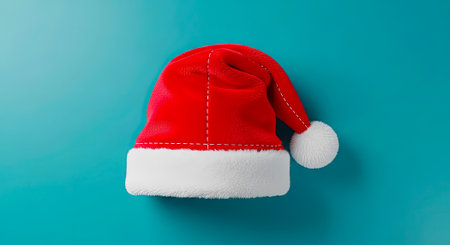 Festive red Santa hat with white fur trim isolated on a clean teal backgroundの素材