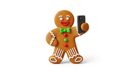 Cute 3d gingerbread man holding smartphone taking selfie isolated on white backgroundの素材