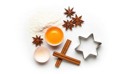 Baking Ingredients with Flour, Egg, Spices and Star Cookie Cutter on White Backgroundの素材