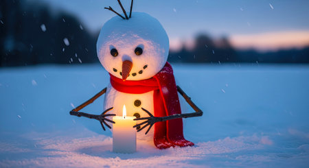 Close-Up Shot of A Small Snowman with A Red Scarf Warming Its Stick Arms by A Glowing White Candle Flameの素材