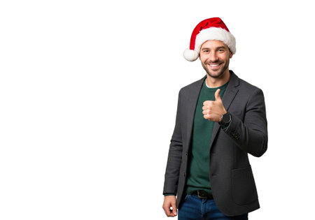 Cheerful man in blazer and Santa hat showing thumbs up sign isolated on white backgroundの素材