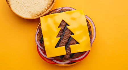 Christmas Burger with Tree Shaped Cheese Slice on Orange Backgroundの素材