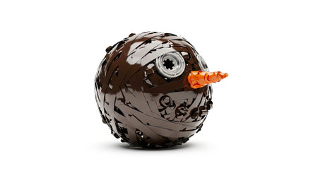 Creative snowman head made of tangled brown audio cassette tape on white backgroundの素材