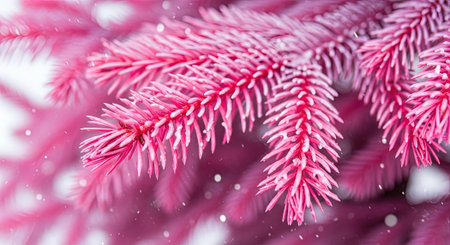 Close up Of Surreal Pink Pine Tree Branches with Falling Snow for Creative Winter Backgroundの素材