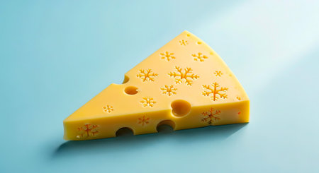 Yellow Cheese Wedge With Snowflake Shaped Holes On Blue Background.の素材